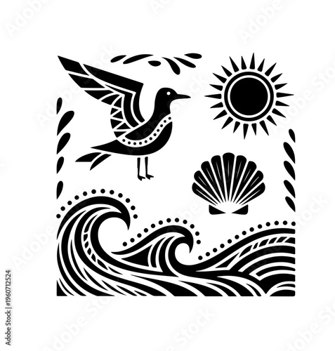 Groovy Summer Icons in Boho Style. Vector Abstract Beach Illustrations in Naive Art.