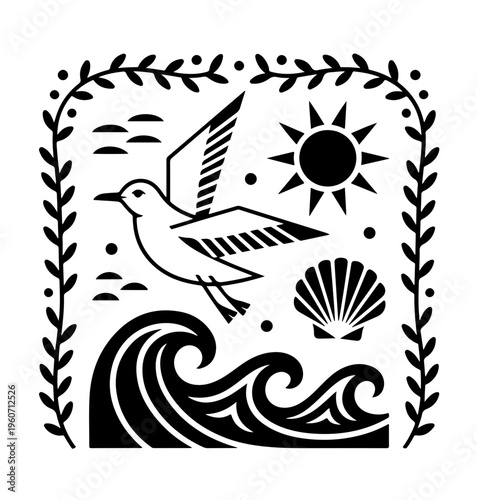 Groovy Summer Icons in Boho Style. Vector Abstract Beach Illustrations in Naive Art.