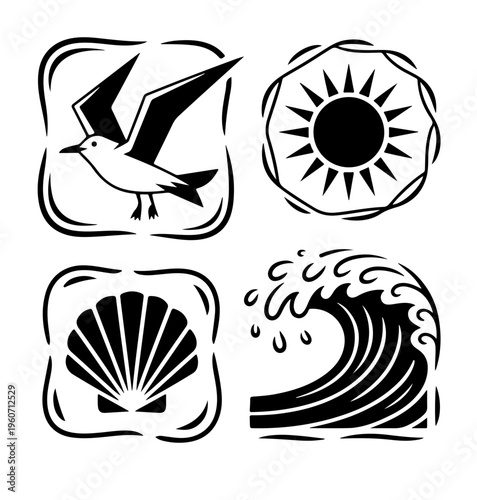 Groovy Summer Icons in Boho Style. Vector Abstract Beach Illustrations in Naive Art.