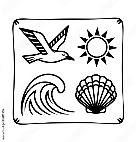 Groovy Summer Icons in Boho Style. Vector Abstract Beach Illustrations in Naive Art.