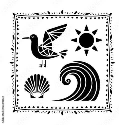 Groovy Summer Icons in Boho Style. Vector Abstract Beach Illustrations in Naive Art.