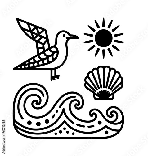 Groovy Summer Icons in Boho Style. Vector Abstract Beach Illustrations in Naive Art.