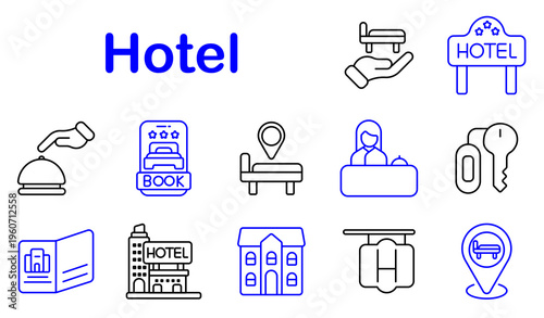 Hotel service set icon. Line style icons display bell service, booking app, bed location, receptionist desk, room key, brochure map, hotel building, apartment house, luggage cart
