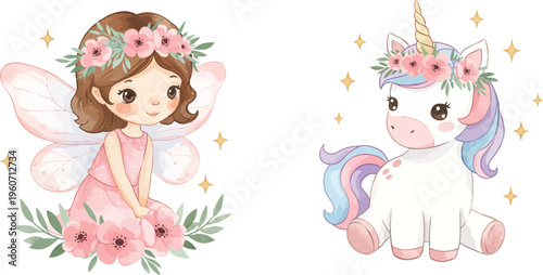 Whimsical illustration of a fairy and a unicorn with flowers and pastel colors