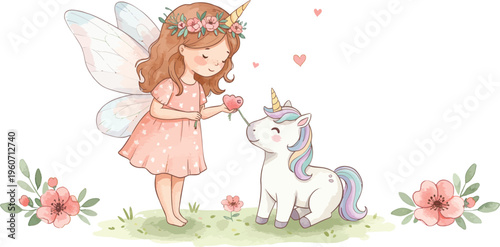 Whimsical fairy girl with flower crown and white rabbit in garden with pink flowers