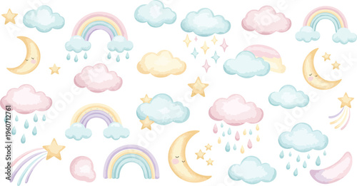 Whimsical pastel illustration of clouds rainbows moons and stars in soft colors for kids or nursery design