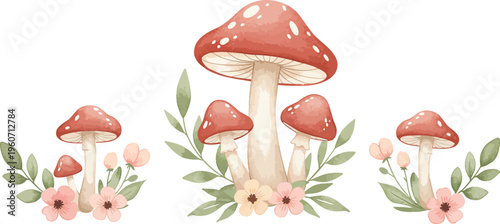 Whimsical illustration of amanita muscaria mushrooms with flowers and leaves on white background