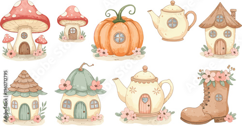 Whimsical watercolor illustrations of fairy tale houses and objects in a fantasy setting