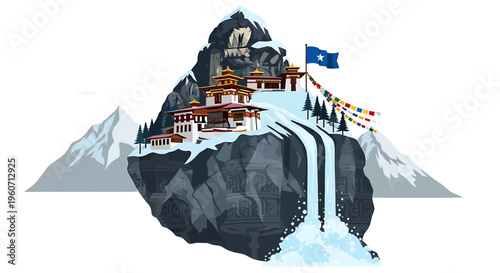 Tibetan monastery, Buddhist temple, snowy mountain landscape, Himalayas vector illustration