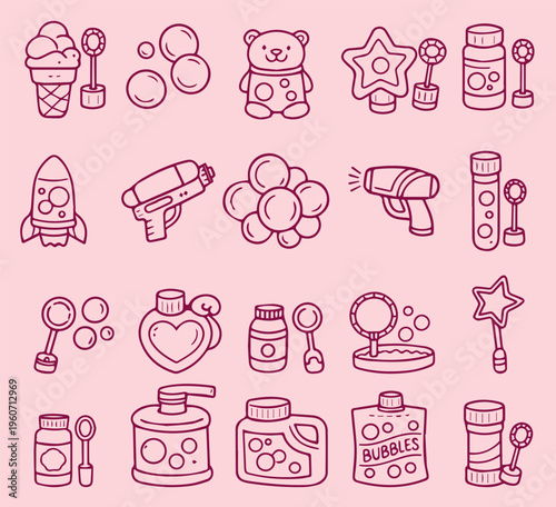 illustration showcasing a collection of soap bubble toys. Features various designs like bubble guns, blowing wands, and containers, emphasizing playful and creative bubble fun. Vector illustration
