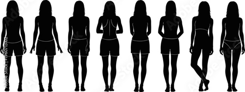 Female silhouettes set, back view women poses collection, isolated black figures, body shapes diversity, fashion vector illustration, minimal design concept
