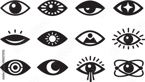 Minimalist Eye Icon Set: Modern Abstract Vision and Spiritual Eye Symbols Isolated on White