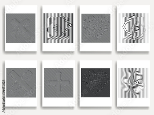 Geometric vector posters set with lines- modern geometric circles, semicircles , triangles pattern created with thick and bold dynamic lines for design. Shapes for posters and branding.
