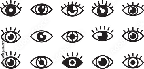 Hand Drawn Eye Icon Set in Black and White Outline Style