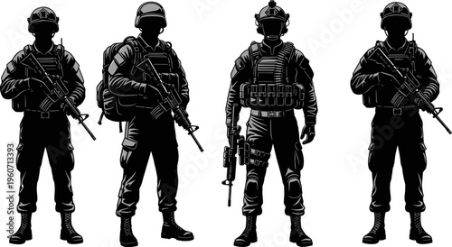 Military soldiers silhouette set, armed forces tactical operators with weapons gear standing poses security defense concept isolated on white background