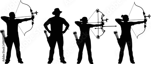 Silhouette of archers aiming with bow and arrow in different poses isolated on white background archery sport hunting concept illustration
