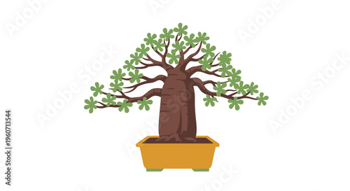 Bonsai tree, potted plant, green leaves, brown trunk, vector illustration