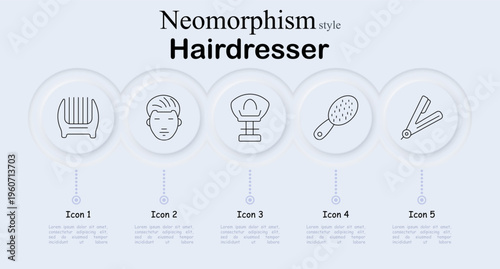 Hairdresser set icon. Hair clipper guard comb, male hairstyle head portrait, salon chair seat, hair brush tool, straightening iron styler. Neomorphic circular buttons, thin outline barber salon