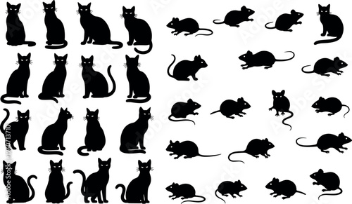 Cat and mouse silhouette icon vector illustration with decorative design, elegant animal artwork, creative posture composition, ornamental background pattern