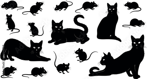 Cat and mouse silhouette icon vector illustration with decorative design, elegant predator-prey artwork, creative posture composition, ornamental background pattern