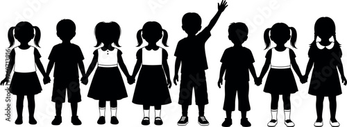 Children silhouettes vector illustration with unity and diversity theme, black artwork symbolizing friendship, teamwork, and inclusivity motifs