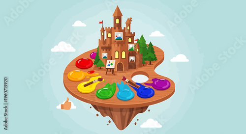 Fantasy castle, colorful palette, floating island, whimsical illustration, creative landscape