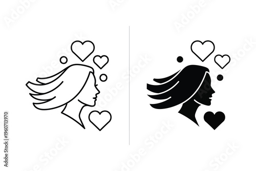 Woman Silhouette with Flowing Hair and Hearts Icon