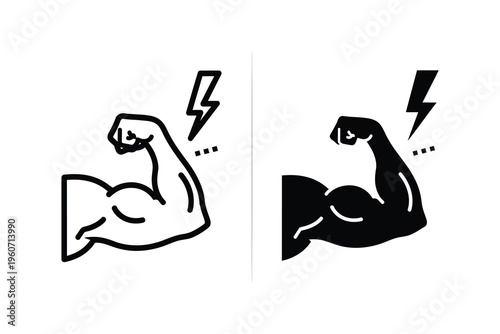Flexed Arm Muscle Icon with Lightning Bolt in Line Art