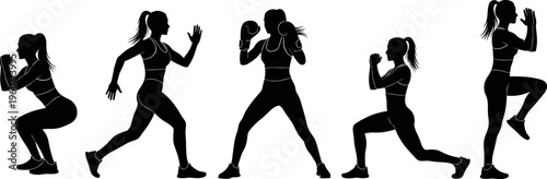 Silhouette of athletic woman performing fitness exercises including running boxing squats lunges isolated on white background active lifestyle concept
