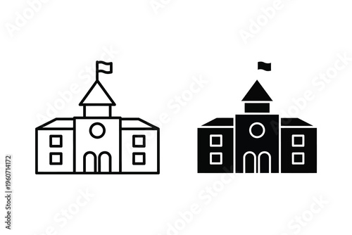 Outline and Solid Icons of a Government Building or School with Flag