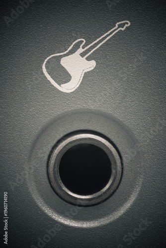 Macro shot of hi-Z guitar input with logo on audio interface