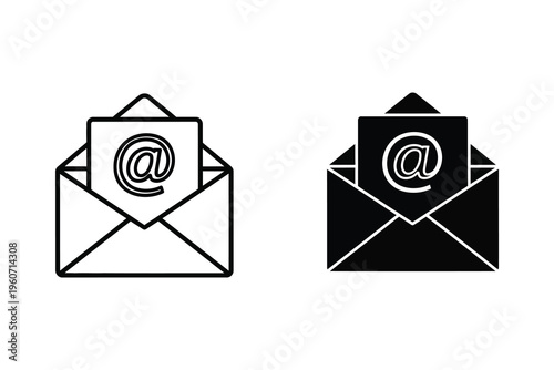 Email icon with at symbol in envelope, digital communication and messaging concept