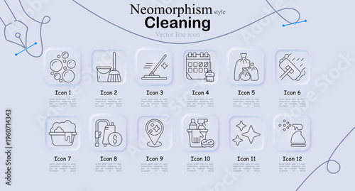 Cleaning set icon. Foam, mop, floor wash, schedule, trash bags, window wipe, bucket, payment, location, supplies, sparkle, spray, hygiene service, sanitation, housekeeping routine.