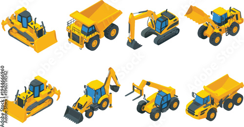 Isometric Heavy Construction Machinery Vector Set Featuring Excavator Bulldozer Dump Truck Backhoe Loader and Forklift for Industrial Project Design