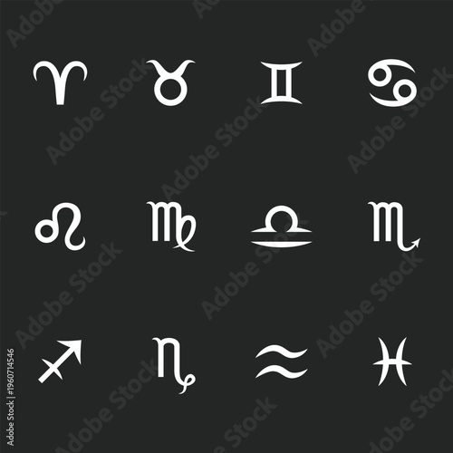 White zodiac symbols arranged neatly against a dark background. Simple clean design, perfect for modern digital projects. Each sign clearly visible with elegant minimalist lines