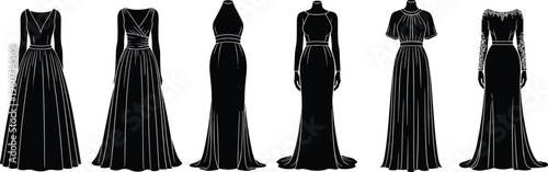 Elegant dress silhouettes collection, fashion vector illustration, formal gown artwork, clothing design icons, stylish outfit graphics showcase