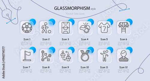Football icon. Ball, player dribble, field layout, referee whistle, jersey uniform, supporter scarf, corner flag, tactic board, substitution, medal award, cheering fan, coach avatar. Sport competition