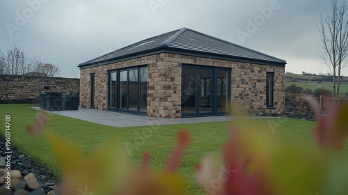 Modern stone-clad house with patio and garden