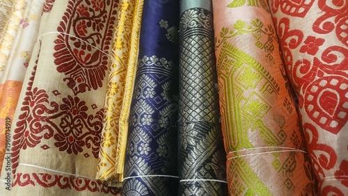 Bild auf Leinwand Traditional Assamese Mekhela Chador, handwoven Silk Fabric with Ethnic Motifs