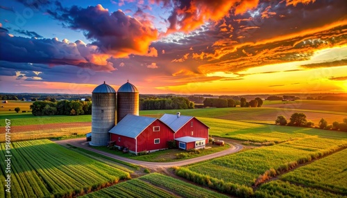 Captivating sunset over a rural farm with a red barn and silos, surrounded by lush fields and dramatic skies.