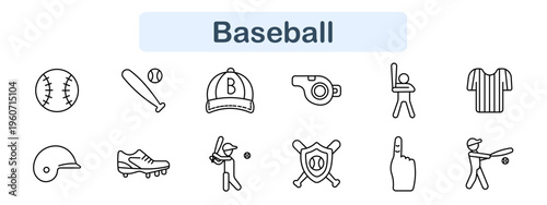 Baseball set icon. Ball, bat, cap, whistle, player, uniform, helmet, shoe, hitter, shield, fan hand, sport action, competition, team game, league, training.