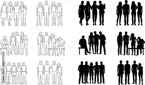 Group silhouette icons vector illustration with black design, social interaction symbol artwork, people community concept element
