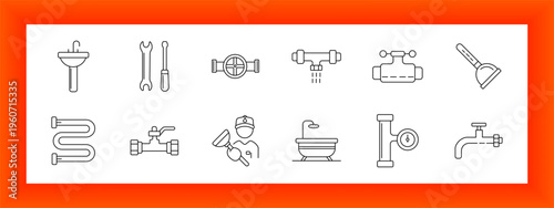 Plumbing set icon. Sink basin, wrench tools, pipe valve, shower system, pipeline joint, plunger tool, curved pipe, faucet tap, repair worker, toilet bowl, pipe connector, water valve line icons