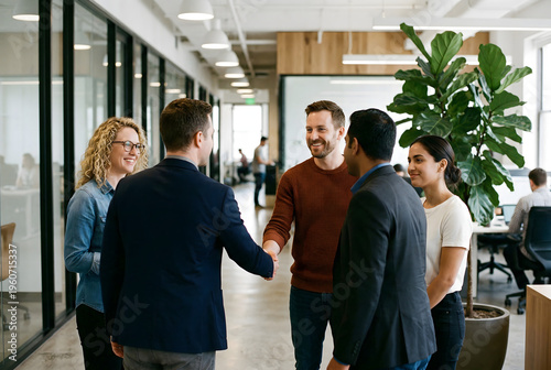 Professional team members shaking hands during introduction in work space.