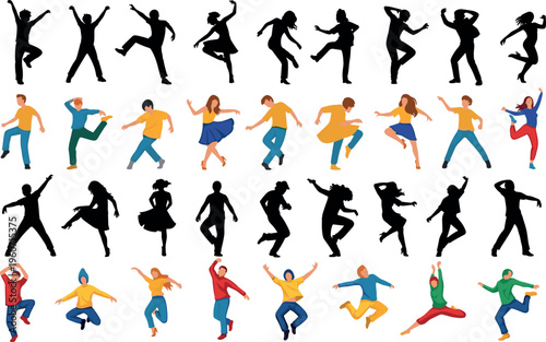 Dancing figures vector illustration with silhouettes and colorful poses, artwork symbolizing motion, rhythm, energy, and expressive dance themes