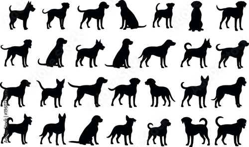 Dog silhouettes vector illustration with diverse breeds and postures, black artwork symbolizing pets, animals, and canine anatomy themes