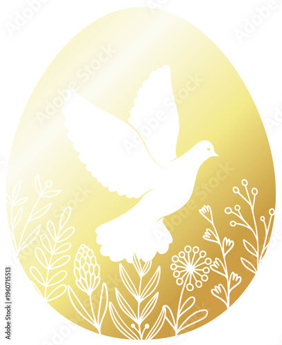 Golden Easter egg with a floral pattern and a white dove of peace