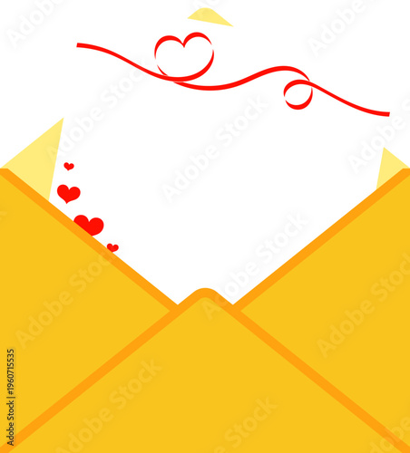 Open envelope with a love letter leaflet and a heart-shaped ribbon