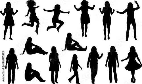 Female figure silhouettes vector illustration with diverse poses, black artwork symbolizing motion, body language, activity, and expressive themes