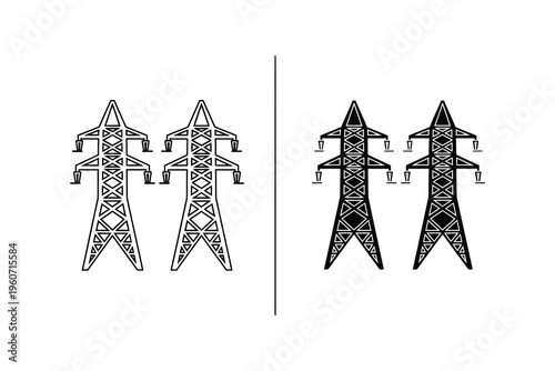 Pair of electricity pylons, high voltage power line tower icons